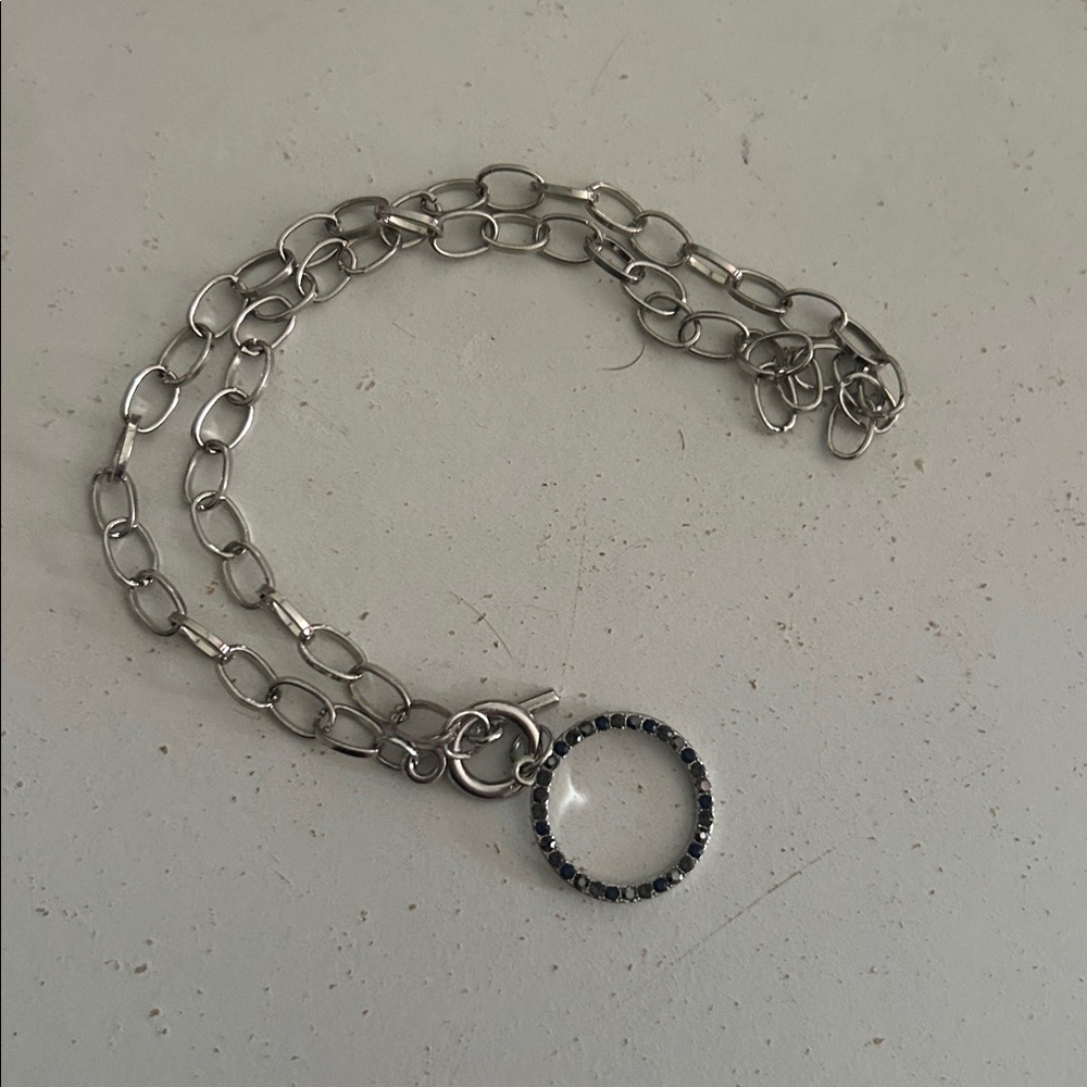 Silver Chain Necklace with Black Stone Circle Pendant